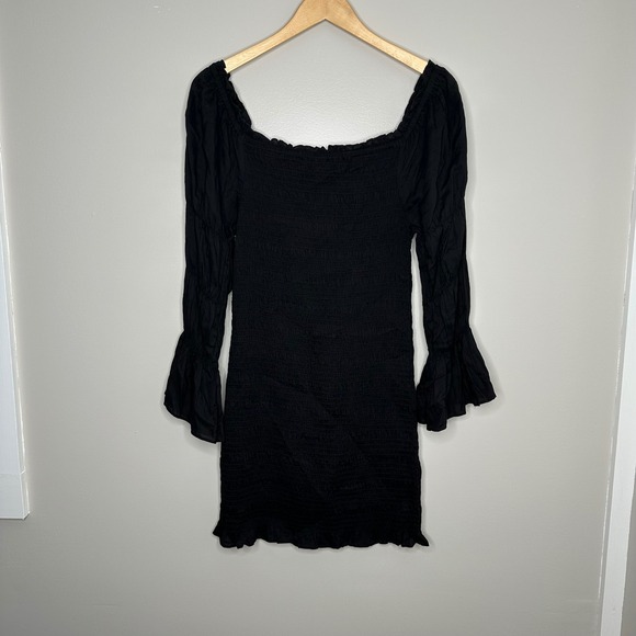 Cotton On Women's Black Mini Dress Long Sleeve Smocked Off Shoulder Flounce M - Picture 1 of 8